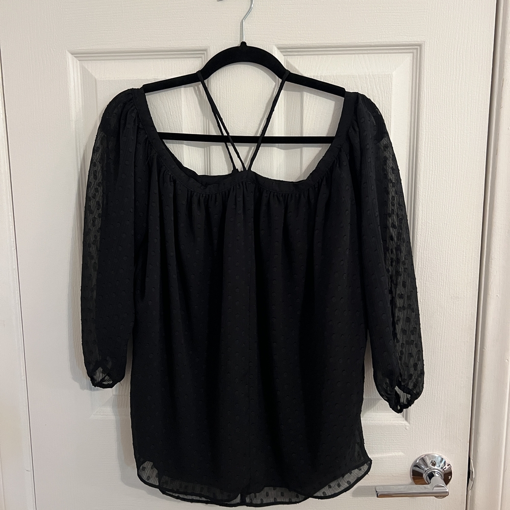 Olivaceous Black Sheer Swiss Dot Off-Shoulder Blouse